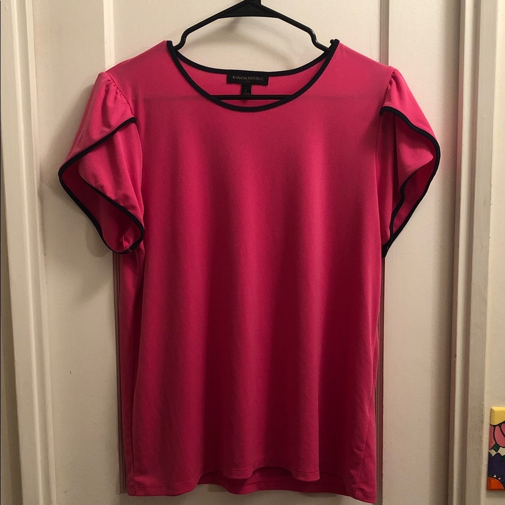 Banana Republic Crepe Tulip Sleeve Fuchsia Blouse with Navy Trim